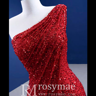 Red One Shoulder Luxury Evening Dress Sequins Trumpet For Women Party - Rosymae