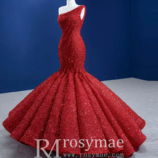 Red One Shoulder Luxury Evening Dress Sequins Trumpet For Women Party - Rosymae