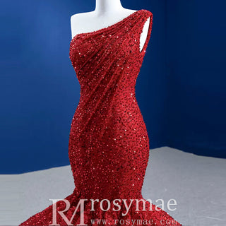Red One Shoulder Luxury Evening Dress Sequins Trumpet For Women Party - Rosymae