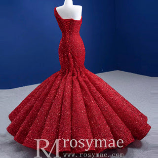 Red One Shoulder Luxury Evening Dress Sequins Trumpet For Women Party - Rosymae