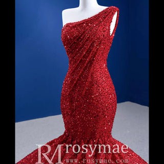 Red One Shoulder Luxury Evening Dress Sequins Trumpet For Women Party - Rosymae