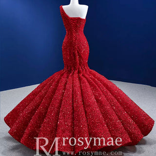 Red One Shoulder Luxury Evening Dress Sequins Trumpet For Women Party - Rosymae