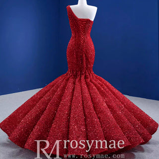 Red One Shoulder Luxury Evening Dress Sequins Trumpet For Women Party - Rosymae
