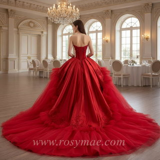 Elegant Beautiful Unique Puffy Red Wedding Dresses with V-Neck