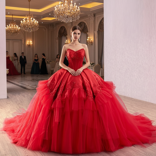 Elegant Beautiful Unique Puffy Red Wedding Dresses with V-Neck