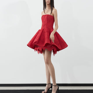 Strapless Mini Red Lace Cocktail Dress with Straight Neckline
