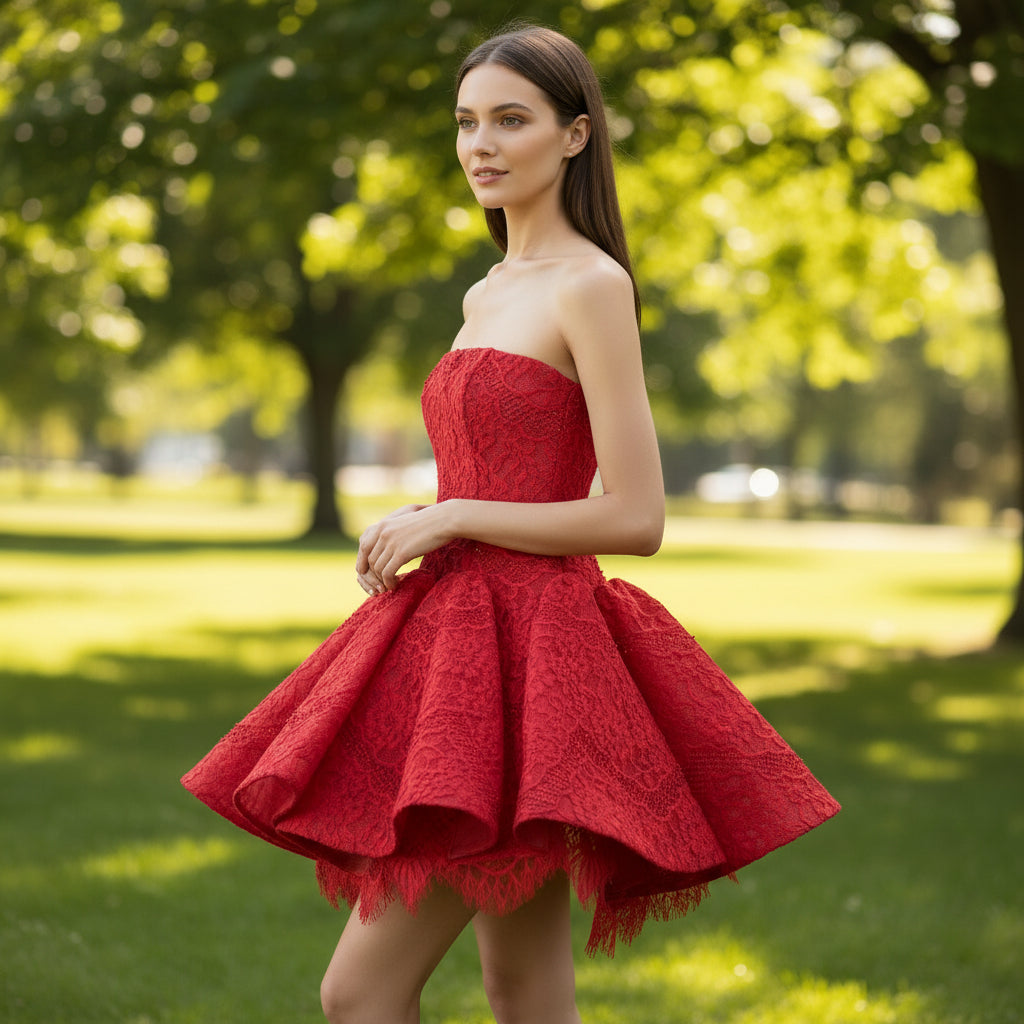 Strapless Mini Red Lace Cocktail Dress with Straight Neckline Red / 12 Strapless Mini Red Lace Cocktail Dress with Straight Neckline Red / 12