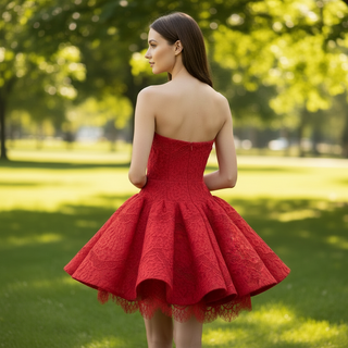 Strapless Mini Red Lace Cocktail Dress with Straight Neckline