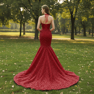Red Sparkly Mermaid Pageant Gown with Detachable Overskirt & Halter Keyhole Neckline - Rosymae