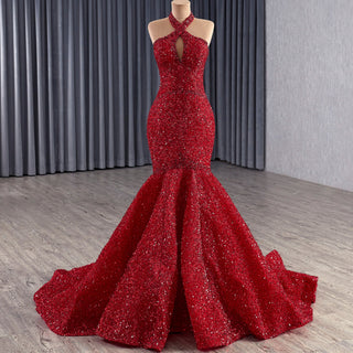 Red Sparkly Mermaid Pageant Gown with Detachable Overskirt & Halter Keyhole Neckline - Rosymae