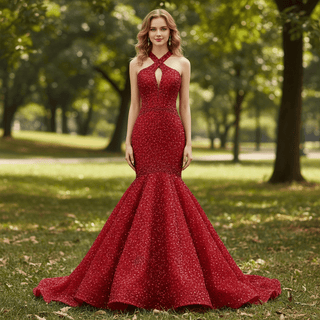 Red Sparkly Mermaid Pageant Gown with Detachable Overskirt & Halter Keyhole Neckline - Rosymae