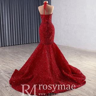 Red Sparkly Mermaid Pageant Gown with Detachable Overskirt & Halter Keyhole Neckline - Rosymae