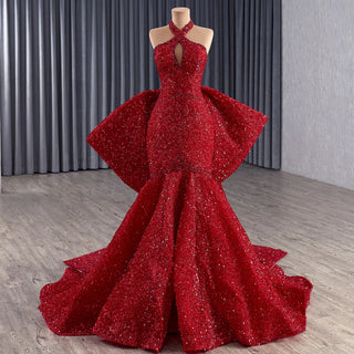Red Sparkly Mermaid Pageant Gown with Detachable Overskirt & Halter Keyhole Neckline - Rosymae