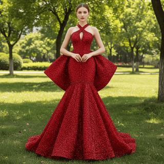 red keyhole halter dress Red Keyhole Neck Chiffon Cutout Back Slit A-line Bridesmaid Dress