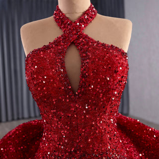 Red Sparkly Mermaid Pageant Gown with Detachable Overskirt & Halter Keyhole Neckline - Rosymae