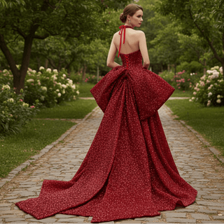 Red Sparkly Mermaid Pageant Gown with Detachable Overskirt & Halter Keyhole Neckline - Rosymae