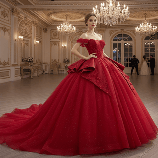 Red Sparkly Wedding Gown with Overskirt Off Shoulder Quinceanera Dress - Rosymae