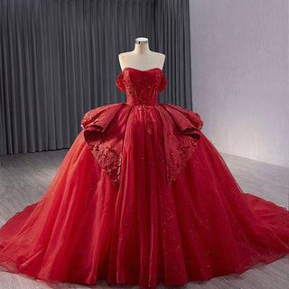 Red Sparkly Wedding Gown with Overskirt Off Shoulder Quinceanera Dress - Rosymae