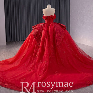 Red Sparkly Wedding Gown with Overskirt Off Shoulder Quinceanera Dress - Rosymae