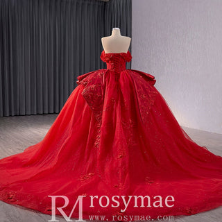 Red Sparkly Wedding Gown with Overskirt Off Shoulder Quinceanera Dress - Rosymae