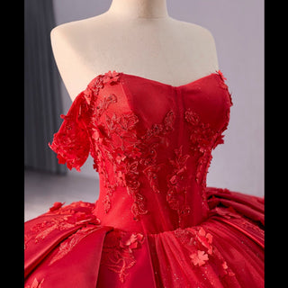 Red Sparkly Wedding Gown with Overskirt Off Shoulder Quinceanera Dress - Rosymae