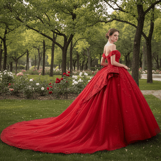 Red Sparkly Wedding Gown with Overskirt Off Shoulder Quinceanera Dress - Rosymae