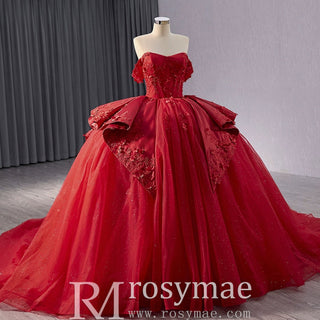 Red Sparkly Wedding Gown with Overskirt Off Shoulder Quinceanera Dress - Rosymae
