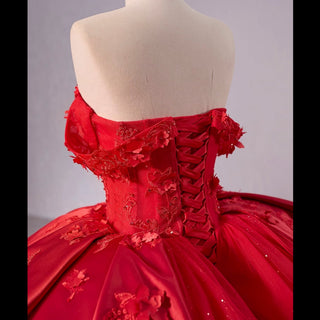 Red Sparkly Wedding Gown with Overskirt Off Shoulder Quinceanera Dress - Rosymae