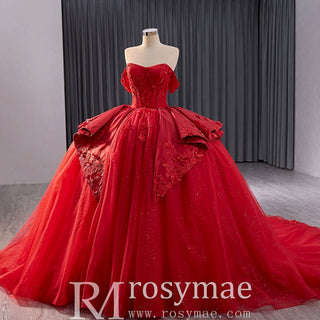 Red Sparkly Wedding Gown with Overskirt Off Shoulder Quinceanera Dress - Rosymae
