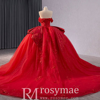 Red Sparkly Wedding Gown with Overskirt Off Shoulder Quinceanera Dress - Rosymae