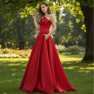 Women's Vneck Satin Red Formal Dresses & Evening Gowns