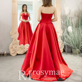 Women's Vneck Satin Red Formal Dresses & Evening Gowns