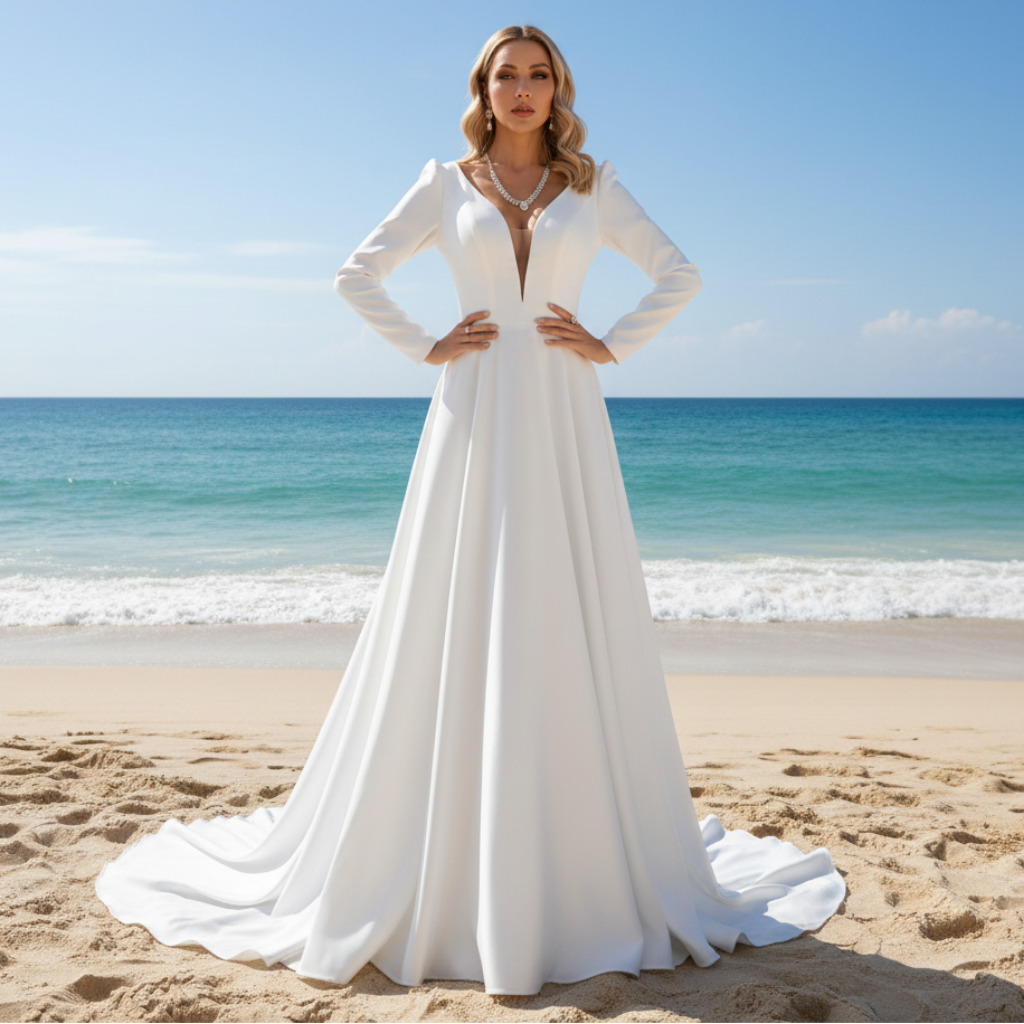Simple and Sleek A-line Satin Wedding Dress with Long Sleeves Rosymae Simple and Sleek A-line Satin Wedding Dress with Long Sleeves Rosymae