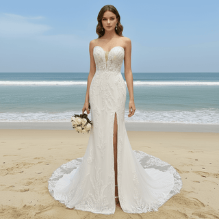 Romantic And Floral Mermaid Wedding Dress With Slit - Rosymae