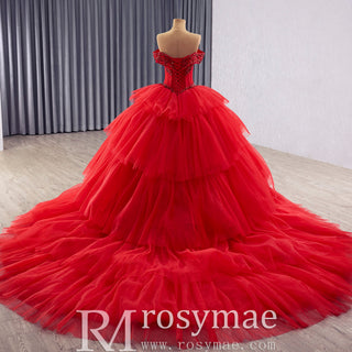 Romantic Ball Gown Off the Shoulder Princess Red Quinceanera dresses - Rosymae