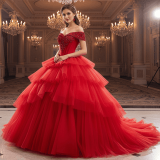 Romantic Ball Gown Off the Shoulder Princess Red Quinceanera dresses - Rosymae