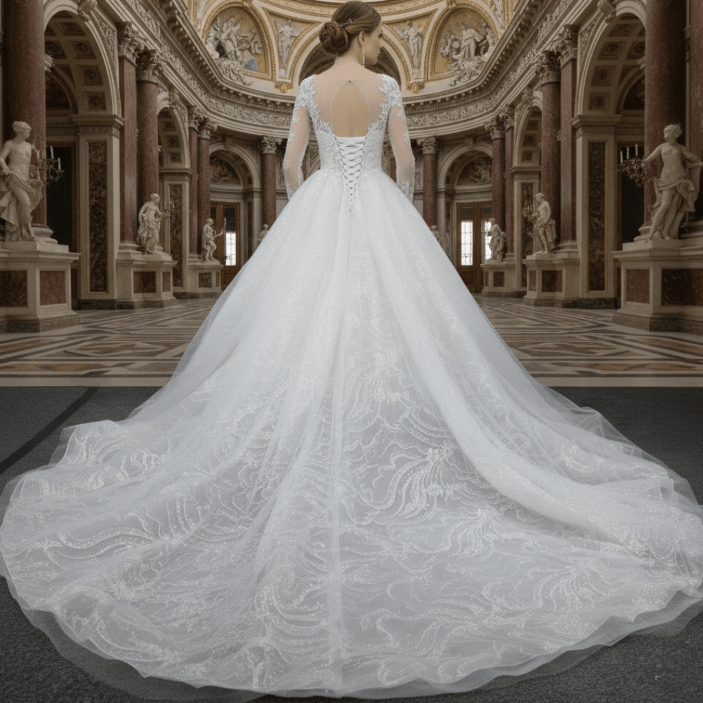 Romantic Ball Gown Wedding Dress with Sheer Long Sleeves - Rosymae