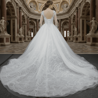 Romantic Ball Gown Wedding Dress with Sheer Long Sleeves - Rosymae