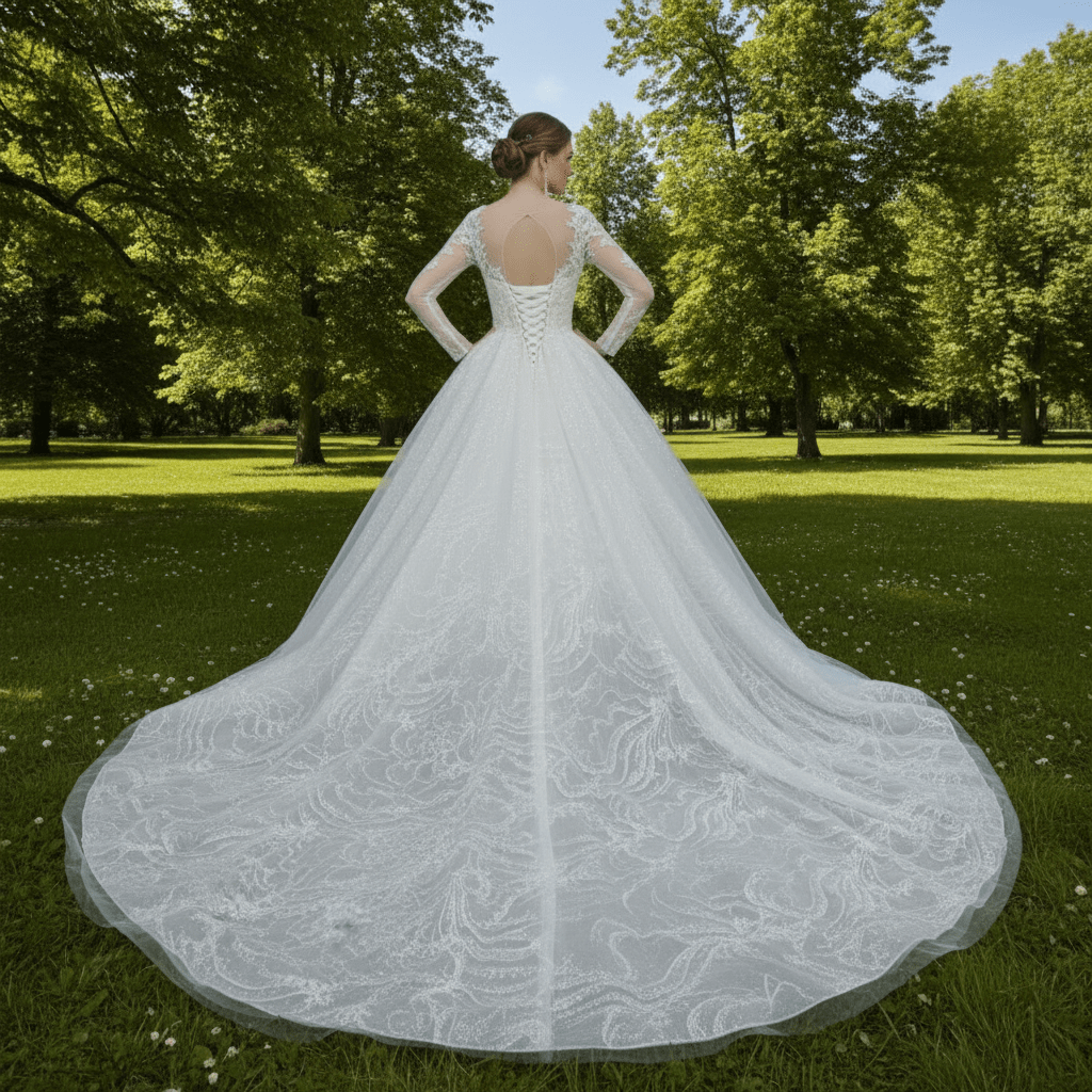 Romantic Ball Gown Wedding Dress with Sheer Long Sleeves - Rosymae