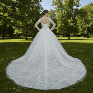 Romantic Ball Gown Wedding Dress with Sheer Long Sleeves - Rosymae