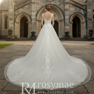 Vintage A-line Tulle Appliqued Lace Wedding Dress with Cap Sleeve