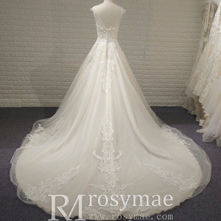 Vintage A-line Tulle Appliqued Lace Wedding Dress with Cap Sleeve
