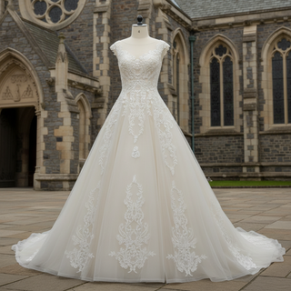 Vintage A-line Tulle Appliqued Lace Wedding Dress with Cap Sleeve