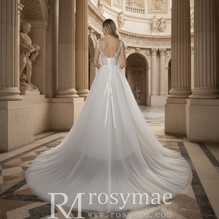Romantic Cascading Floral Lace Ethereal Wedding Dress with Plunging Neckline - Rosymae