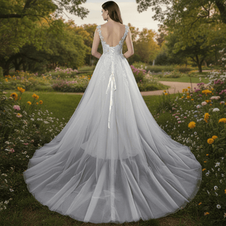 Romantic Cascading Floral Lace Ethereal Wedding Dress with Plunging Neckline - Rosymae