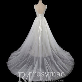 Romantic Cascading Floral Lace Ethereal Wedding Dress with Plunging Neckline - Rosymae