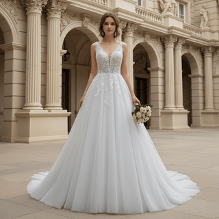 Romantic Cascading Floral Lace Ethereal Wedding Dress with Plunging Neckline - Rosymae