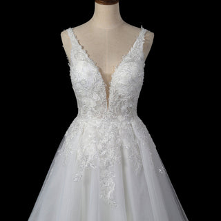 Romantic Cascading Floral Lace Ethereal Wedding Dress with Plunging Neckline - Rosymae