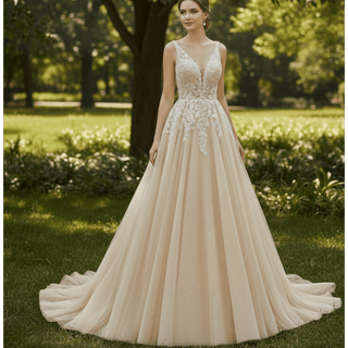 Romantic Cascading Floral Lace Ethereal Wedding Dress with Plunging Neckline - Rosymae