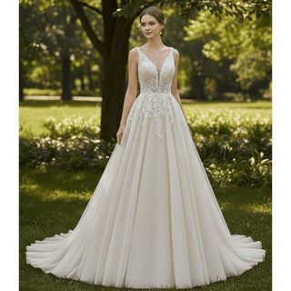 Romantic Cascading Floral Lace Ethereal Wedding Dress with Plunging Neckline - Rosymae